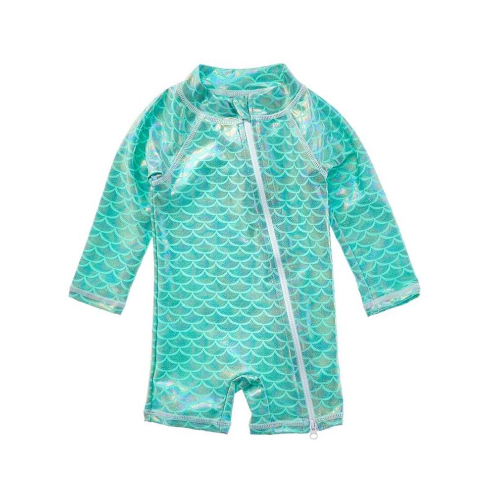 Flap Happy Girls  Fairy Tale Scales Rash Guard Romper, Green